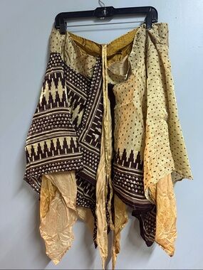 Boho Patchwork Handkerchief Wrap Skirt in Mustard and Dark Brown
